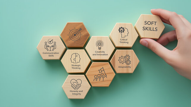 Soft skills (human skills), the value of the human in the age of AI. Wooden blocks with icons representing essential soft skills such as communication, critical thinking, adaptability, and integrity.