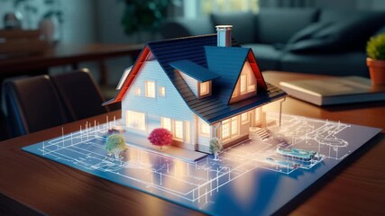 Architectural house model with blueprint displayed on a table in a dimly lit room setting - Powered by Adobe