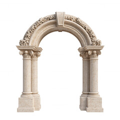 Fototapeta premium Classic architectural arch 3d icon featuring intricate floral carvings and supporting fluted columns, isolated on a designs background for easy integration into transparent