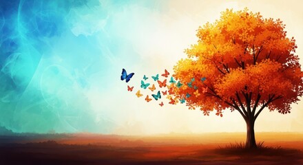 Autumn tree with butterflies flying away in a vibrant landscape