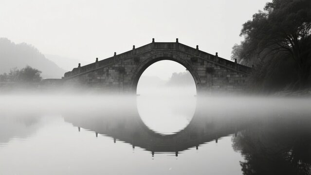 Monochrome Arch Bridge Over Misty Water with Symmetrical Reflection