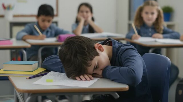 Tired young boy sleeping at his desk in a classroom. Exhausted elementary school student feeling bored and sleepy during a lesson.