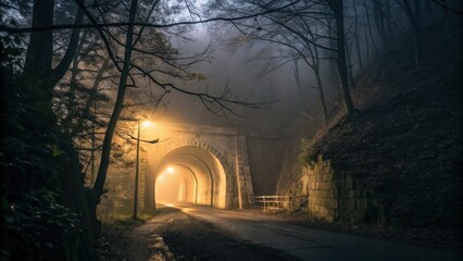 Fototapeta premium Mysterious arched tunnel in a foggy forest at night