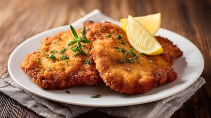 Two breaded chicken schnitzels garnished with parsley and lemon wedges on a white plate with a linen napkin and wooden background