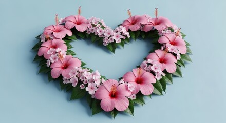 Heart shape made of pink hibiscus flowers on blue background