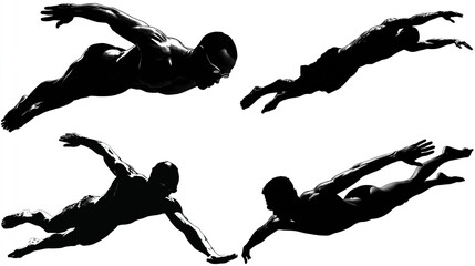 Four swimmers in silhouette, performing freestyle strokes