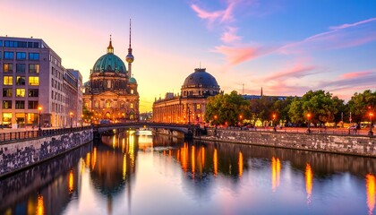 Fototapeta premium Berlin cityscape at sunset over river (1)