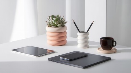 Modern workspace arrangement with minimal desk accessories and digital devices
