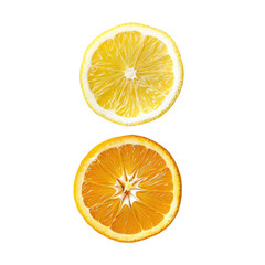 Two citrus fruit slices, vertically stacked.  Bright yellow lemon slice atop an orange slice.  Close-up, detailed view of the fruit flesh