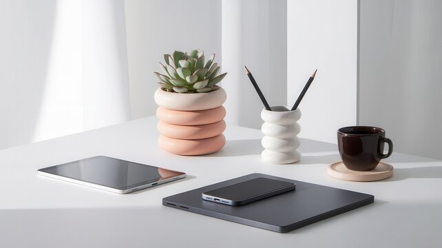 Modern workspace arrangement with minimal desk accessories and digital devices