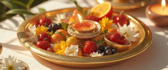 Puja with fruit, flowers, incense, creating a festive mood and an atmosphere of peace, pleasure and goodness. Concept Eastern practices, yoga, holiday, knowledge of the essence and joy of being