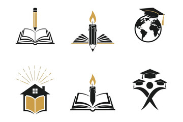 Six creative education icons featuring books, pencils, houses, globes, candles, and graduation caps