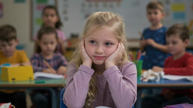 Sad little girl feeling bored and tired in the classroom. Stressed elementary school student struggling with learning and concentration.