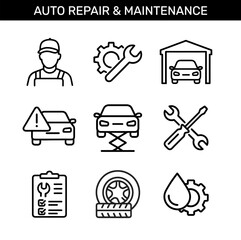 Auto repair and maintenance icons set with mechanic, tools, garage, tire, and oil change