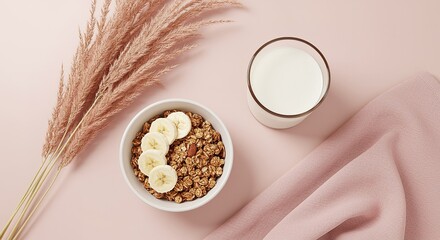 Healthy Breakfast Concept Granola with Banana Slices and Milk on Pink Backdrop