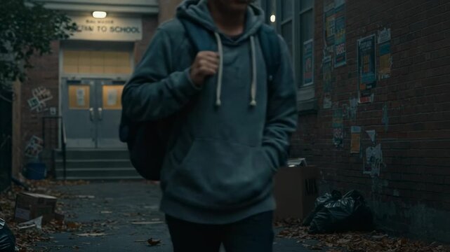 BALDWIN RYAN TO SCHOOL. A lonely Hispanic teenage boy with a backpack walks through a gritty urban alleyway next to a brick building.