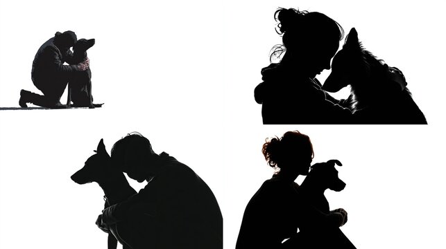 Silhouetted people hugging dogs, rendered against white