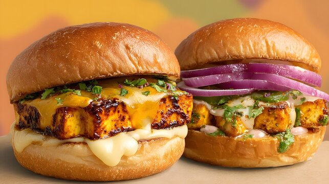 Two gourmet paneer burgers with melted cheese and red onions on brioche buns gourmet burger cheese burger - Powered by Adobe