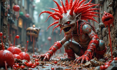 A terrifying grey-skinned monster with spiky red hair lurks in a dark alley, surrounded by strange red orbs.