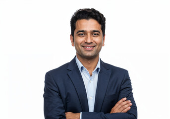 Confident indian businessman in a dark suit with arms crossed smiling against a clean white background