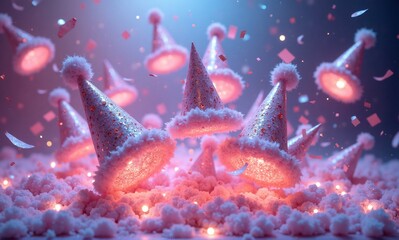 A cluster of sparkly party hats float in a cloud of fluffy pink material, illuminated by soft, glowing lights and scattered confetti.