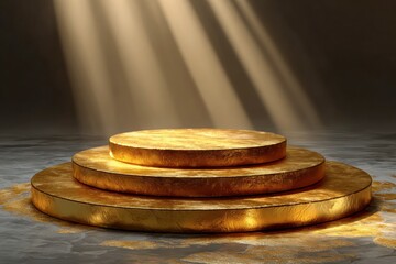 Golden Stage in the Spotlight: A luxurious, three-tiered golden stage is bathed in radiant light, casting a striking display that emphasizes the importance and elegance.