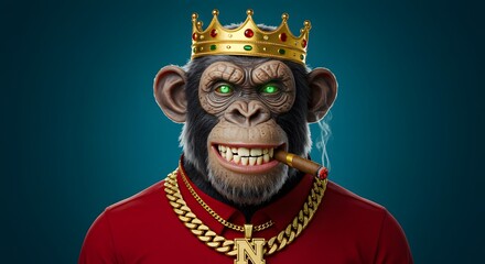 A stylized ape character wearing a gold crown chains and holding a cigar with glowing green eyes against a teal background