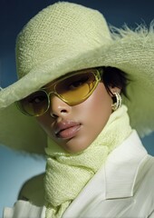 Portrait of female fashion model wearing futuristic hat and glasses glowing neon on dark studio dark blue background