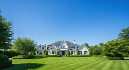 Obraz premium Elegant Mansion with Lush Green Lawn Under a Clear Blue Sky