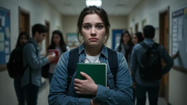 Sad teenage girl student standing alone in a crowded school hallway. Young Caucasian woman with a worried expression feeling isolated and anxious.