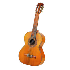 Fototapeta premium Classic acoustic guitar, light orange-brown wood, isolated on black