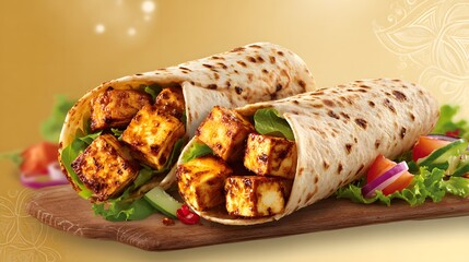 Two paneer wraps with salad on wooden board with golden background indian food