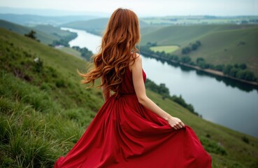 Woman in red dress sitting on grassy hillside overlooking river and rolling green landscape