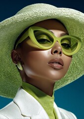 Portrait of female fashion model wearing futuristic hat and glasses glowing neon on dark studio dark blue background