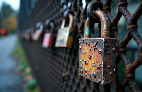Close-up of rusty padlocks attached to a metal fence creating a row of locks with a blurred background