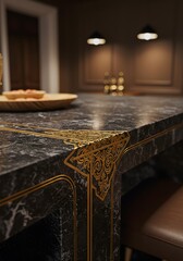 A close-up view of a luxurious black marble countertop with an exquisite, ornate gold inlay detail, showcasing bespoke craftsmanship in a modern, elegant kitchen interior.