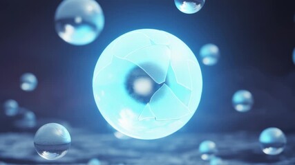 Central cracked glass sphere rotates with blue swirl