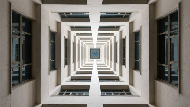 Symmetrical architectural corridor with repeating windows and geometric patterns