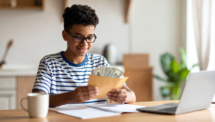 Teenage boy counting his allowance and putting money into a personal savings envelope