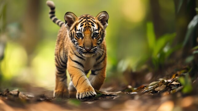 a young tiger cub exploring a protected forest sanctuary