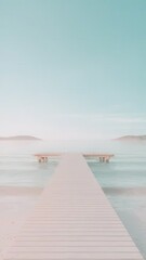 Fototapeta premium Serene coastal vista featuring a wooden pier leading to tranquil waters