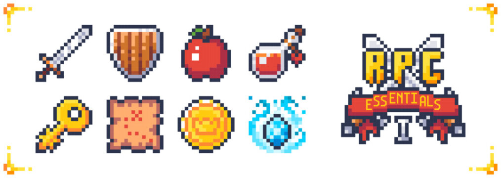 Pixel art game icons. Basic set for rpg and indie 2d arcade games. Iron sword, reinforced wooden shield, red apple, health potion, golden key, treasure map, gold coin and crystal, stone with effect.