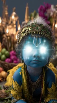 Adorable Krishna tribute: Hindu toddler, cute baby, smiling lord, sacred child, blue complexion, yellow garment, joyful birth, divine monarch, Janmashtami, Rohini, Jayanti, Gokulashtami