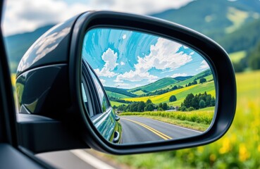 Obraz premium A car side mirror reflecting a scenic landscape with rolling green hills and a bright blue sky