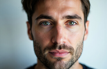 Obraz premium Close-up of a young man with blue eyes and dark hair looking directly at the camera