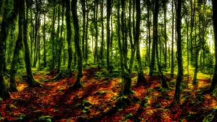 Obraz premium Misty sunlight filters through the green bamboo trees of a tranquil forest path, creating a serene natural landscape