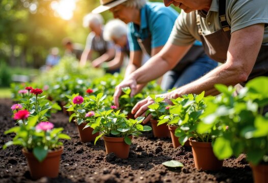 Elderly people planting colorful flowers in a garden during sunny weather - Powered by Adobe
