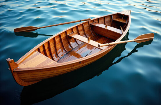 A wooden rowboat floating on calm water with gentle ripples and reflections