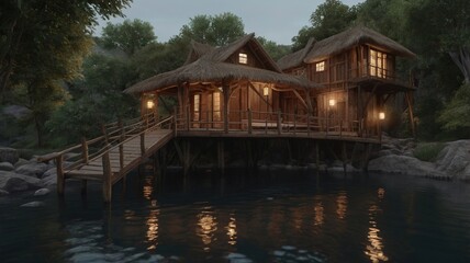 Fototapeta premium a modern wooden house on the river surrounded by lush greenery 