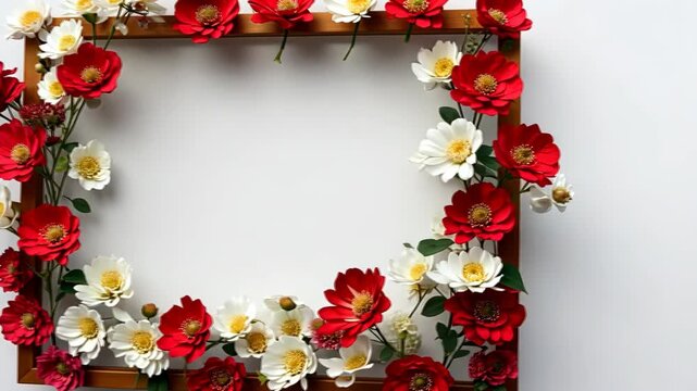 Colorful red and white flowers form a delicate border on a plain background, perfect for decoration or design ideas